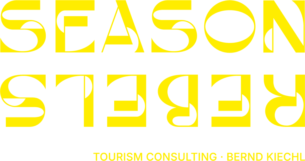Der gelbe stilisierte Text lautet SEASON REBELS und darunter TOURISM CONSULTING - BERND KIECHL.