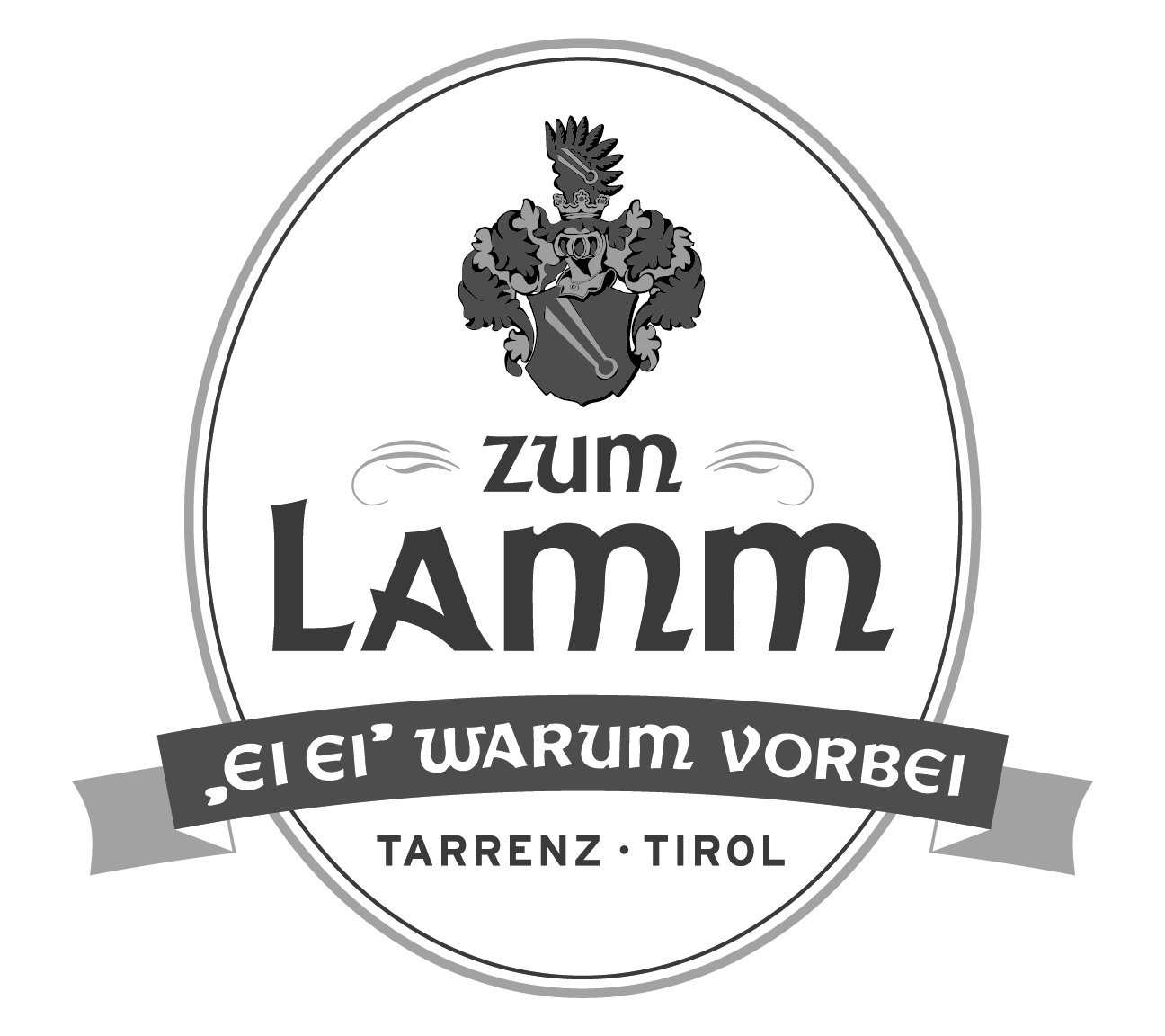 Ovales Logo mit Wappen, steht zum Lamm, Ei ei warum vorbei, Tarrenz Tirol.
