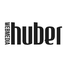 Logo mit den Worten WEBMEDIA vertikal und huber in fetten, schwarzen Buchstaben horizontal.
