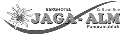 Logo für das Berghotel Jaga-Alm in Zell am See mit einer Blume und dem Schriftzug „Panoramablick“.